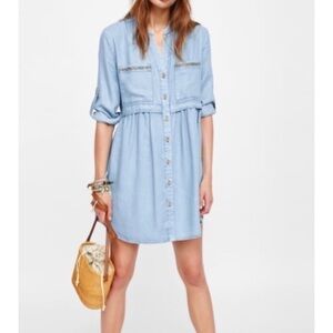 Dex chambray dress roll tab sleeve XS glitter pockets trim short mini tencel